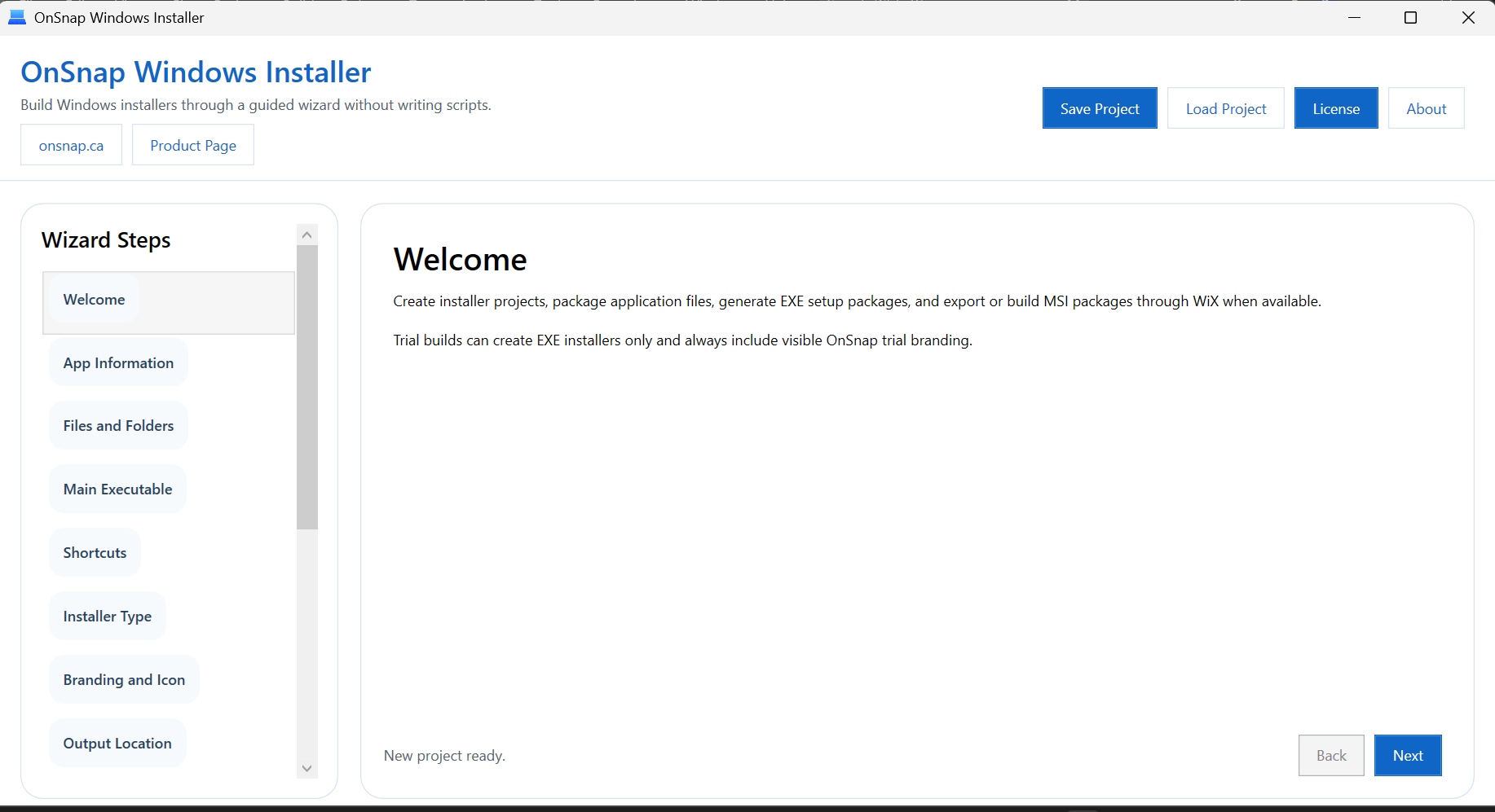OnSnap Windows Installer App wizard screenshot showing the installer project workflow